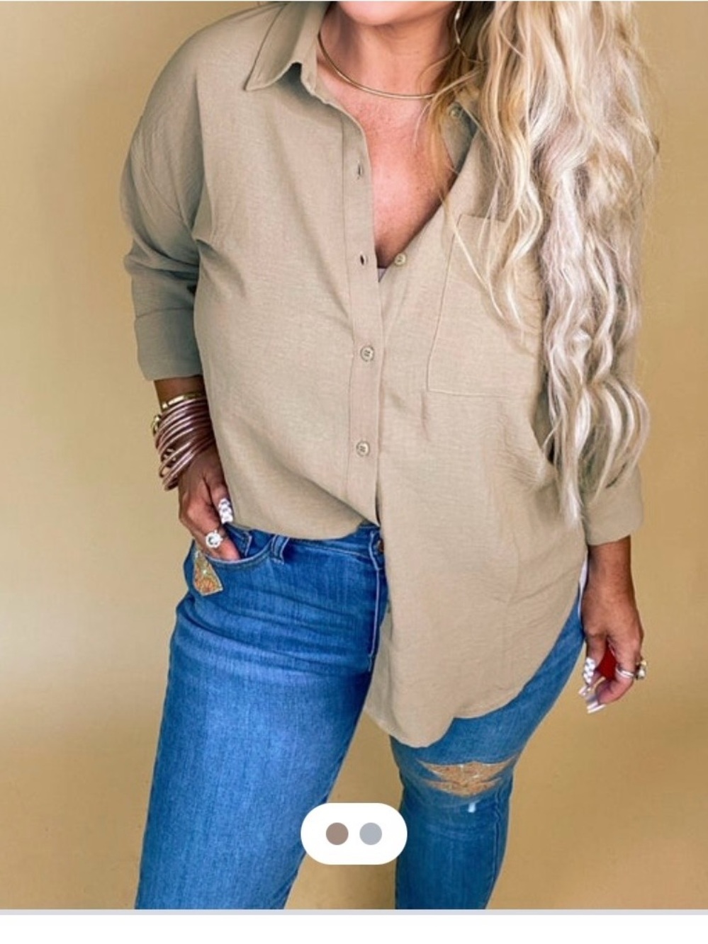 Hem & Thread Oversized Button-Down Shirt in Beige